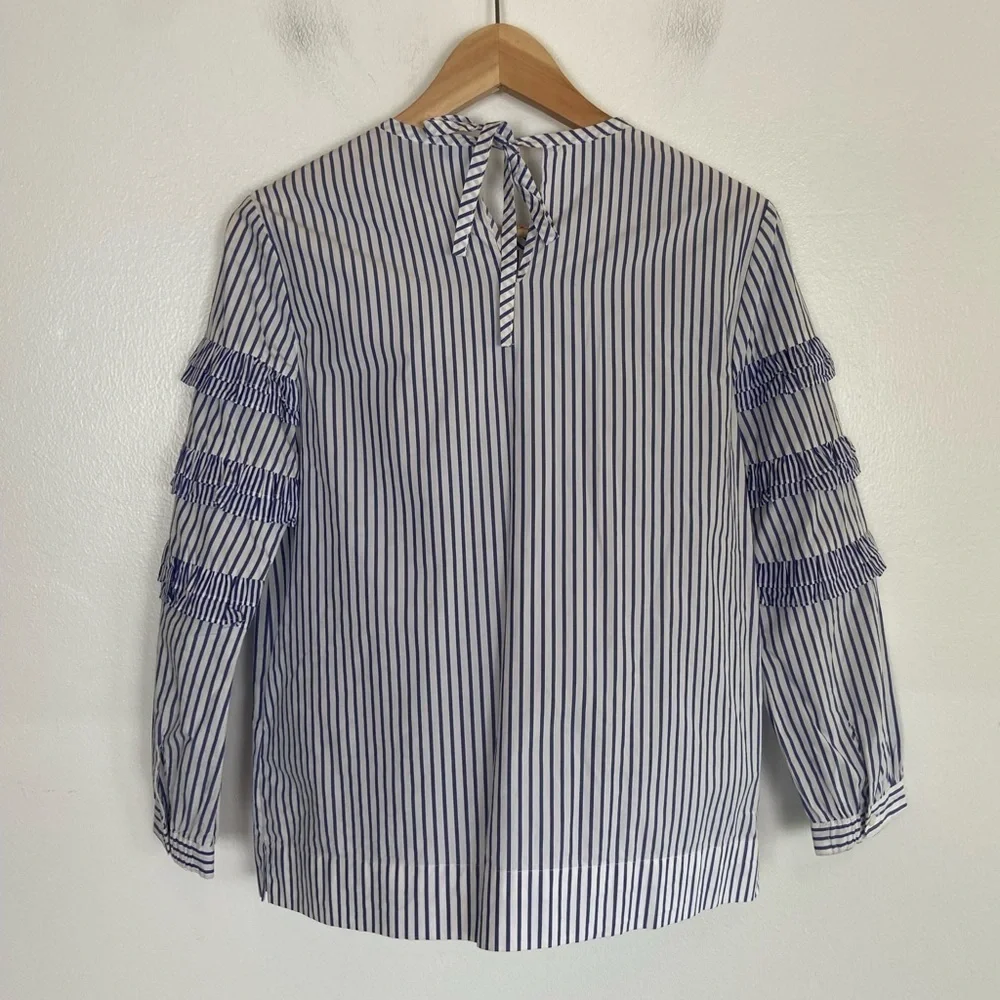 J. Crew Women's Boho Top Stripe Ruffle Size 0 Oversized White & Blue Long Sleeve